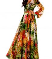 photo V-Neck Long Sleeve Tie Waist Print Chiffon Dress by OASAP, color Multi - Image 3