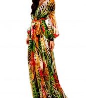 photo V-Neck Long Sleeve Tie Waist Print Chiffon Dress by OASAP, color Multi - Image 4