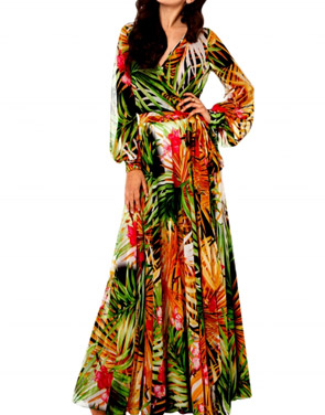 photo V-Neck Long Sleeve Tie Waist Print Chiffon Dress by OASAP, color Multi - Image 1
