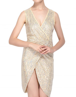 photo V-Neck Wrap Front Slit Bodycon Mini Sequin Party Dress by OASAP, color Yellow - Image 1