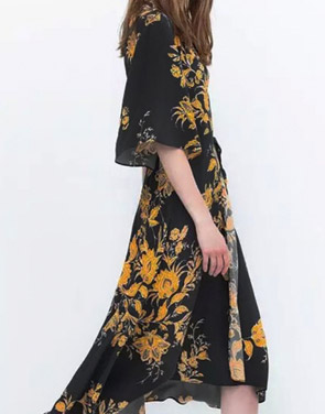photo Vintage Floral Print 3/4 Sleeve Surplice Front Style Surplice Midi dress by OASAP, color Black Yellow - Image 2
