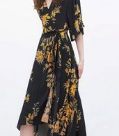 photo Vintage Floral Print 3/4 Sleeve Surplice Front Style Surplice Midi dress by OASAP, color Black Yellow - Image 1
