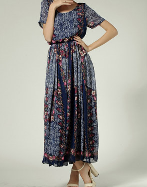 photo Vintage Floral Print Round Neck Short Sleeve Empire Maxi Dress by OASAP, color Multi - Image 2
