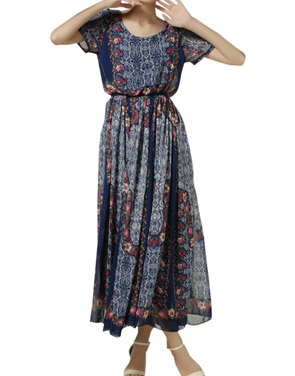 photo Vintage Floral Print Round Neck Short Sleeve Empire Maxi Dress by OASAP, color Multi - Image 1