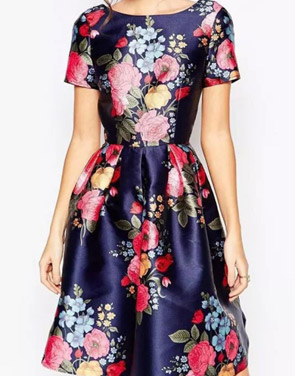 photo Vintage Floral Print Scoop Back Pleated Swing Dress by OASAP, color Multi - Image 1