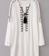 photo Vintage Long Sleeve Ethnic Embroidery Shift Dress by OASAP, color White - Image 3