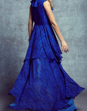 photo Vintage Print Flounce Lace-up Front High Low Maxi Dress by OASAP, color Royal Blue - Image 2