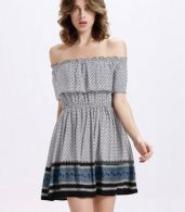 photo Vintage Print Off-Shoulder Ruffle Front Elastic Waist Dress by OASAP, color Multi - Image 7
