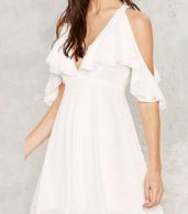 photo White Off Shoulder Deep V-Neck High Waist Cocktail Dress by OASAP, color White - Image 2