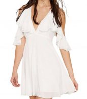 photo White Off Shoulder Deep V-Neck High Waist Cocktail Dress by OASAP, color White - Image 1
