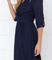 photo Womens' Fashion High Waist V-Neck Chiffon Dress with Belt by OASAP, color Navy - Image 3