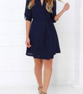 photo Womens' Fashion High Waist V-Neck Chiffon Dress with Belt by OASAP, color Navy - Image 4