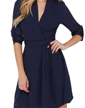 photo Womens' Fashion High Waist V-Neck Chiffon Dress with Belt by OASAP, color Navy - Image 1