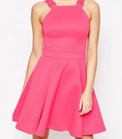 photo Zip Back Skater Dress with Buckle Straps by OASAP, color Fuchsia - Image 1