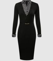 photo Plain Polka Dot Charming Lapel Bodycon Dress by FashionMia, color Black - Image 1