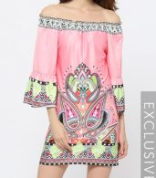 photo Pink Floral Printed Charming Off Shoulder Shift Dress by FashionMia, color Pink - Image 1