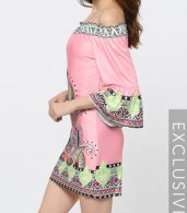 photo Pink Floral Printed Charming Off Shoulder Shift Dress by FashionMia, color Pink - Image 2