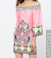 photo Pink Floral Printed Charming Off Shoulder Shift Dress by FashionMia, color Pink - Image 3