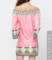 photo Pink Floral Printed Charming Off Shoulder Shift Dress by FashionMia, color Pink - Image 4