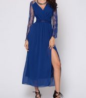 photo Hollow Out Lace Patchwork Plain Side Slit Elegant V Neck Maxi Dress by FashionMia, color Blue - Image 2