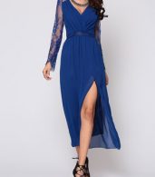 photo Hollow Out Lace Patchwork Plain Side Slit Elegant V Neck Maxi Dress by FashionMia, color Blue - Image 1