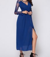 photo Hollow Out Lace Patchwork Plain Side Slit Elegant V Neck Maxi Dress by FashionMia, color Blue - Image 3