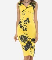 photo Floral Printed Exquisite V Neck Bodycon Dress by FashionMia, color Yellow - Image 1