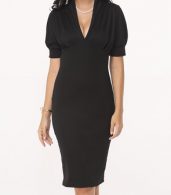photo Plain Puff Sleeve Graceful V Neck Bodycon Dress by FashionMia, color Black - Image 1