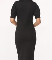 photo Plain Puff Sleeve Graceful V Neck Bodycon Dress by FashionMia, color Black - Image 3