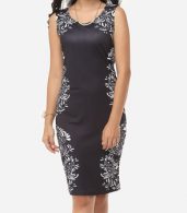 photo Printed Courtly V Neck Bodycon Dress by FashionMia, color Black - Image 1