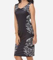 photo Printed Courtly V Neck Bodycon Dress by FashionMia, color Black - Image 3