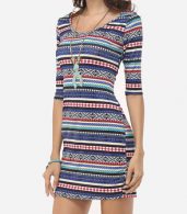 photo Bohemian Striped Captivating Round Neck Bodycon Dress by FashionMia, color Blue - Image 3
