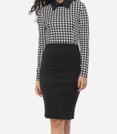 photo Houndstooth Courtly Doll Collar Bodycon Dress by FashionMia, color White Black - Image 2