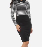 photo Houndstooth Courtly Doll Collar Bodycon Dress by FashionMia, color White Black - Image 1