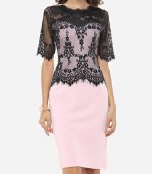 photo Lace Patchwork Captivating Band Collar Bodycon Dress by FashionMia, color Pink - Image 1