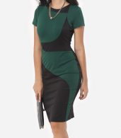 photo Geometric Patchwork Classical Crew Neck Bodycon Dress by FashionMia, color Green - Image 3