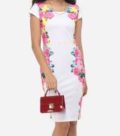 photo Floral Printed Delicate Round Neck Bodycon Dress by FashionMia, color White - Image 1