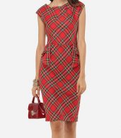 photo Plaid Printed Zips Elegant Round Neck Bodycon Dress by FashionMia, color Red - Image 2