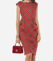 photo Plaid Printed Zips Elegant Round Neck Bodycon Dress by FashionMia, color Red - Image 1