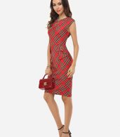 photo Plaid Printed Zips Elegant Round Neck Bodycon Dress by FashionMia, color Red - Image 6