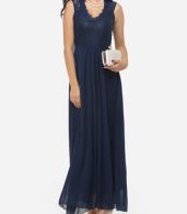 photo Hollow Out Lace Patchwork Plain Zips Elegant Stylish V Neck Maxi Dress by FashionMia, color Blue - Image 1
