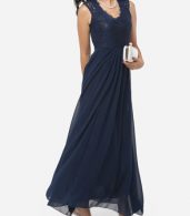photo Hollow Out Lace Patchwork Plain Zips Elegant Stylish V Neck Maxi Dress by FashionMia, color Blue - Image 3