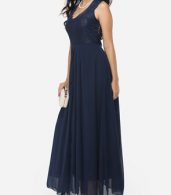 photo Hollow Out Lace Patchwork Plain Zips Elegant Stylish V Neck Maxi Dress by FashionMia, color Blue - Image 4