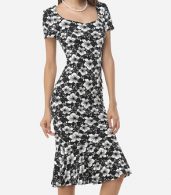 photo Assorted Colors Floral Printed Zips Elegant Asymmetric Neckline Bodycon Dress by FashionMia, color White Black - Image 3