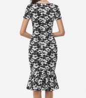 photo Assorted Colors Floral Printed Zips Elegant Asymmetric Neckline Bodycon Dress by FashionMia, color White Black - Image 4