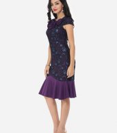 photo Floral Lace Printed Mermaid Elegant Round Neck Bodycon Dress by FashionMia, color Purple - Image 5