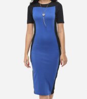 photo Color Block Charming Round Neck Bodycon Dress by FashionMia, color Blue - Image 2