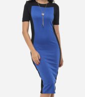 photo Color Block Charming Round Neck Bodycon Dress by FashionMia, color Blue - Image 1