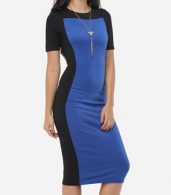 photo Color Block Charming Round Neck Bodycon Dress by FashionMia, color Blue - Image 3