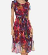 photo Hollow Out Printed Bowknot Captivating Round Neck Skater Dress by FashionMia, color Claret Red - Image 2